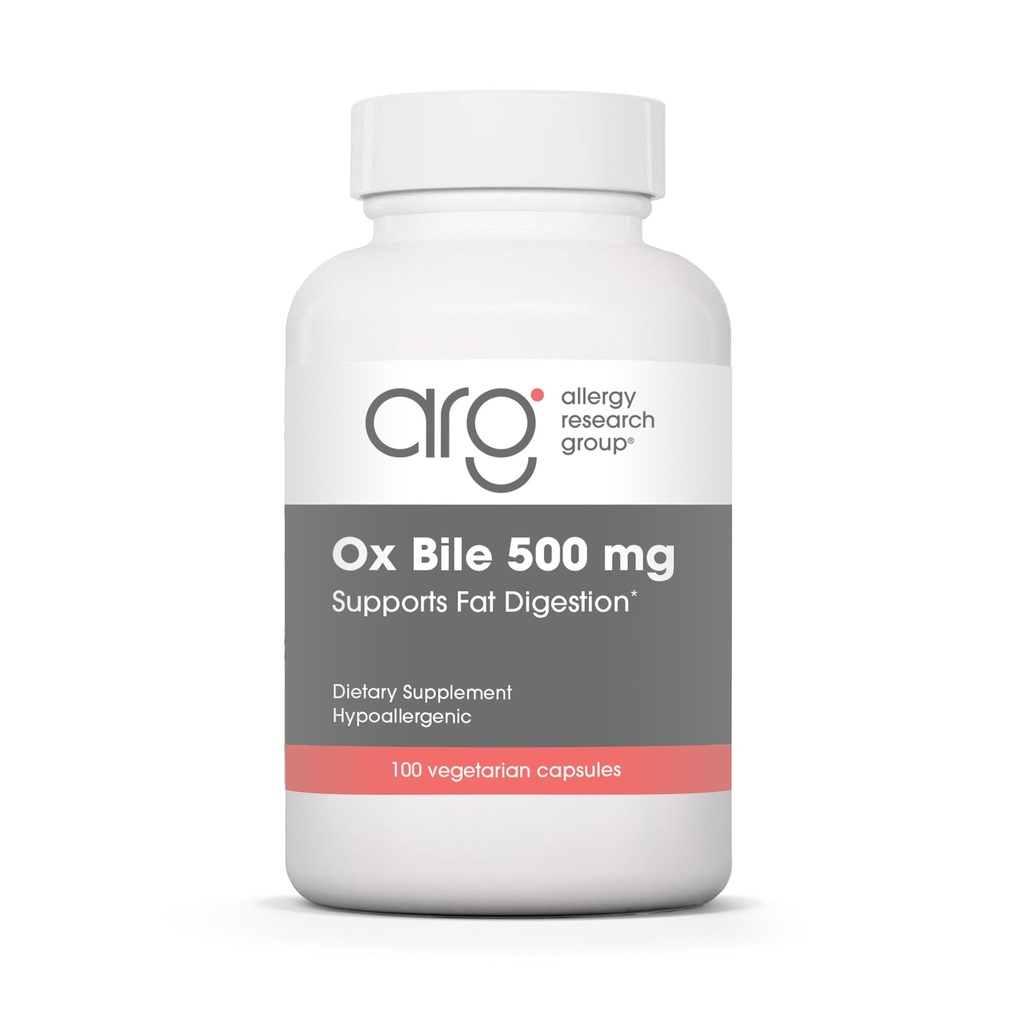 ARG Ox Bile 500 mg - Supports Fat Digestion - Delivers 500 mg Concentrated Bile Salts per Serving - Hypoallergenic & Vegetarian - 100 Servings - 100 Capsules
