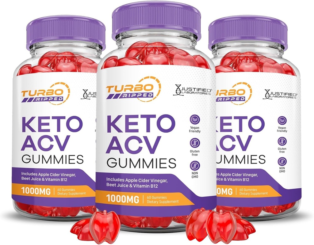 Justified Laboratories (3 Pack Turbo Ripped Keto ACV Advanced Formel 1000MG Keto Apple Cider Vinagar Formuleret med Pomegranate Beet Juice Powder B12 Vegan Non GMO 180 Gummies