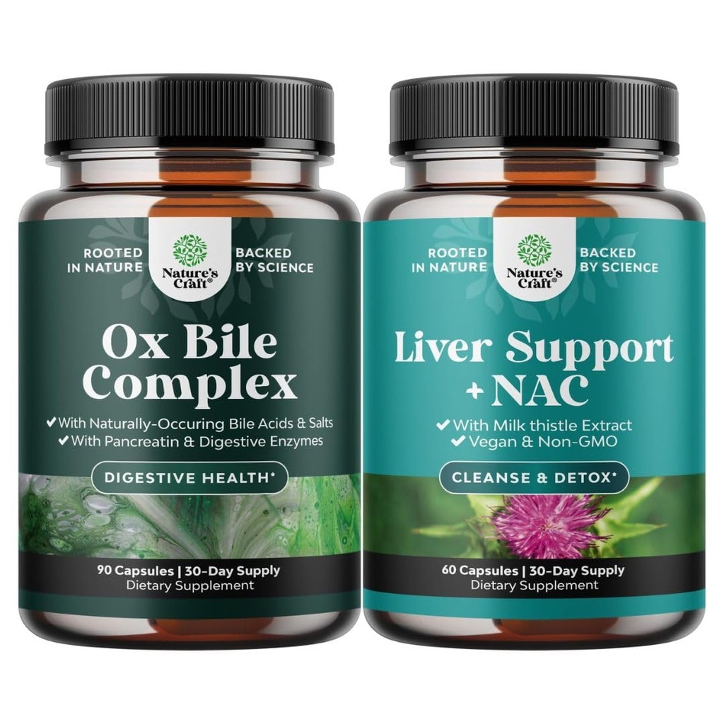 Bundle of Digestive Enzymes with Ox Bile Supplements for No Gallbladder for Pancrease Cleanse & Detox and Liver Support NAC with Milk Thistle for Liver Cleanse Detox & Repair - N Acetyl Cysteine