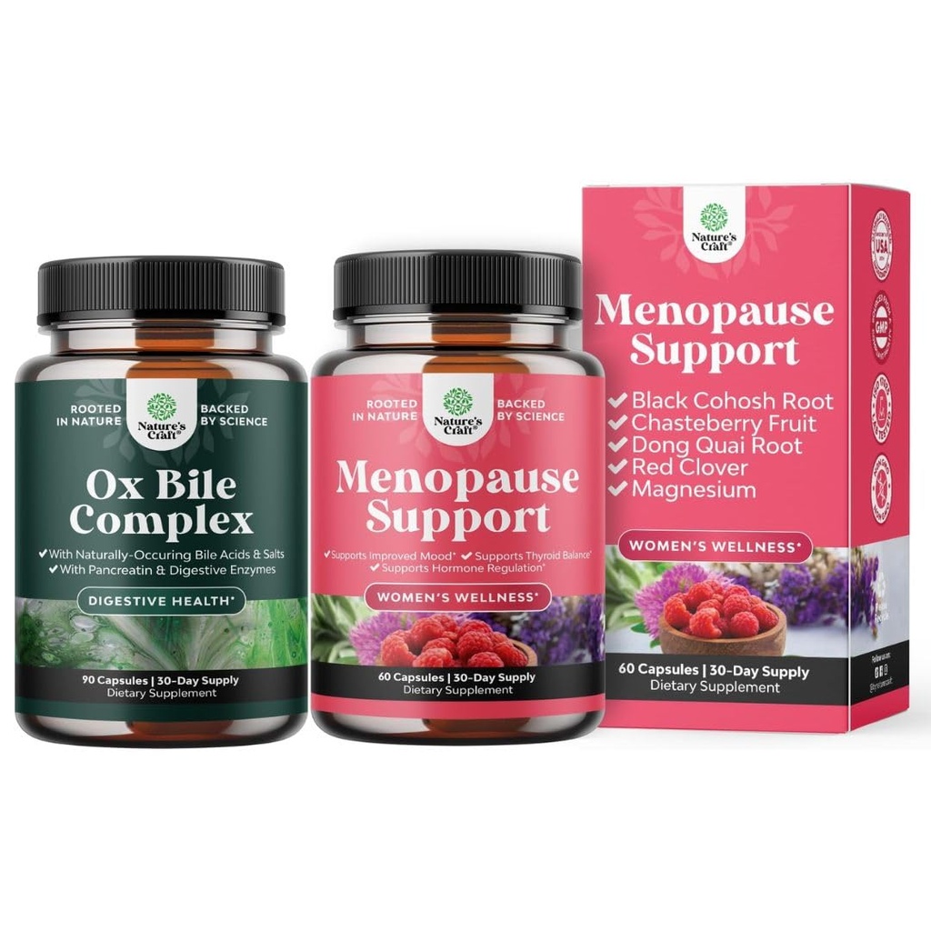Bundle of Digestive Enzymes with Ox Bile Supplements for No Gallbladder for Pancrease Cleanse & Detox and Herbal Menopause Supplement - Female Hormone Balance for Night Sweats Hot Flashes Mood Swings