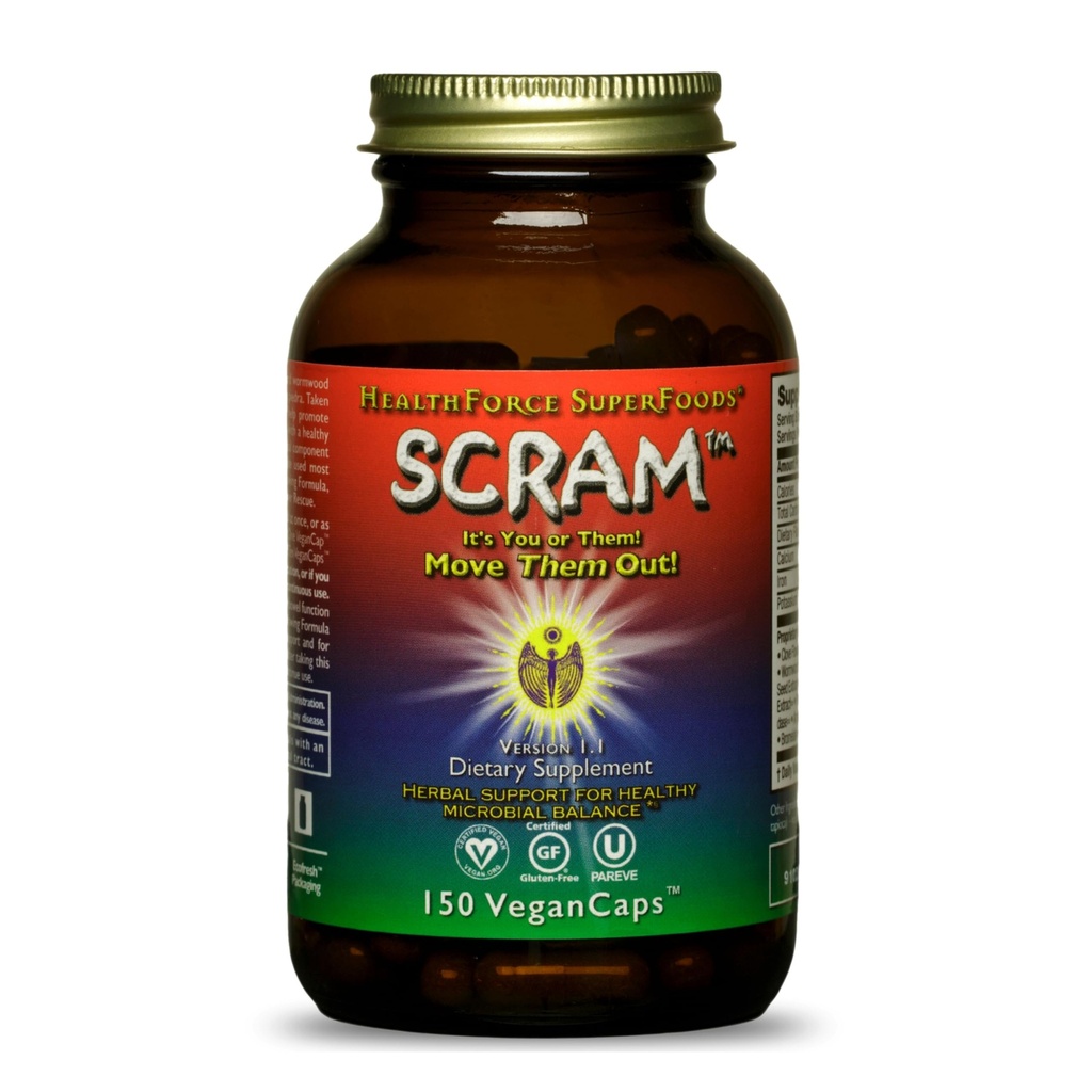 HealthForce SuperFoods Scram - Urte tillæg med mælk tidsel, ormwood & sort valnød - fordøjelsesstøtte kapsler - 150 Veganske kapsler