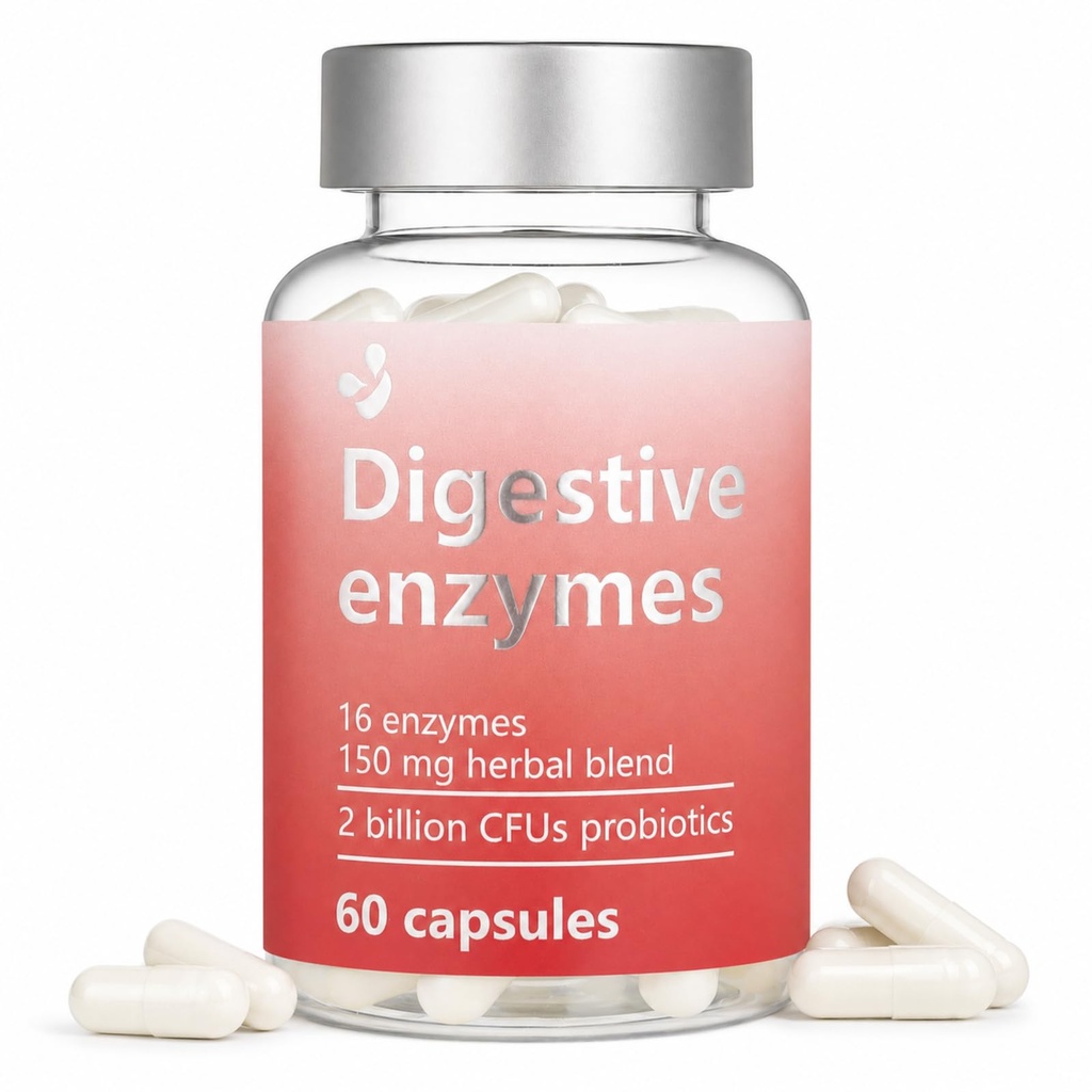 Digestive Enzymes Supplement with Probiotics, 16 Enzyme Blend + 2 Billion CFUs, Gut Health & Digestive Support for Occasional Bloating, Gas, Heavy Meals & Meal Comfort, 60 Capsules