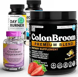 ColonBroom Premium Psyllium Husk Powder (50 Servere) + Dag & Nat Burner Kosttilskud, Vægt Management Pills (60 Servere) + Sugar Craving Suppressant - Chrom Picolinate 200mcg (60 Servere), 4 elementer