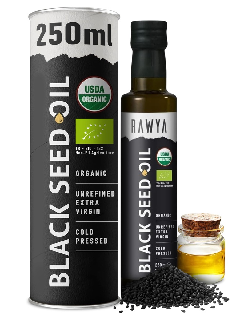 RAWYA Black Seed Oil - USDA Organic Certified - Cold Pressed - 8.4 Fl oz - Ekstra Virgin - Tyrkisk Black Cumin Seed - Premium Nigella Sativa med Thymoquinone - Kalonji - Non- GMO, Gluten- Gratis - Ernæringstilskud - Ekstra stærk smag