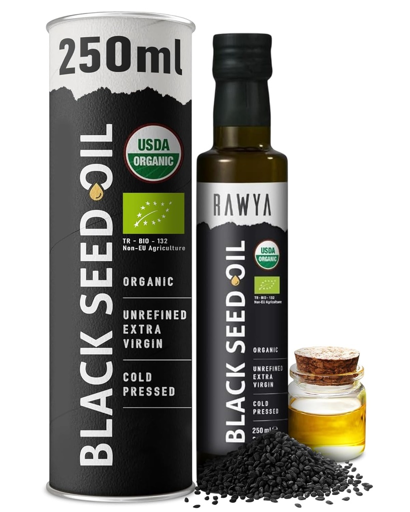 RAWYA Black Seed Oil - USDA Organic Certified - Cold Pressed - 8.4 Fl oz - Extra Virgin - Turkish Black Cumin Seed - Premium Nigella Sativa with Thymoquinone - Kalonji - Non-GMO, Gluten-Free - Nutritional Supplements - Extra Strong Taste