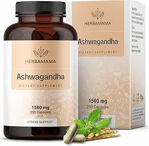 HERBAMAMA Ashwagandha Kapsler - 1500mg Pure Ashwagandha Root til afslapning & Mood Support - Vegan, Non- GMO Focus & Calming Supplement for voksne, 250 Caps