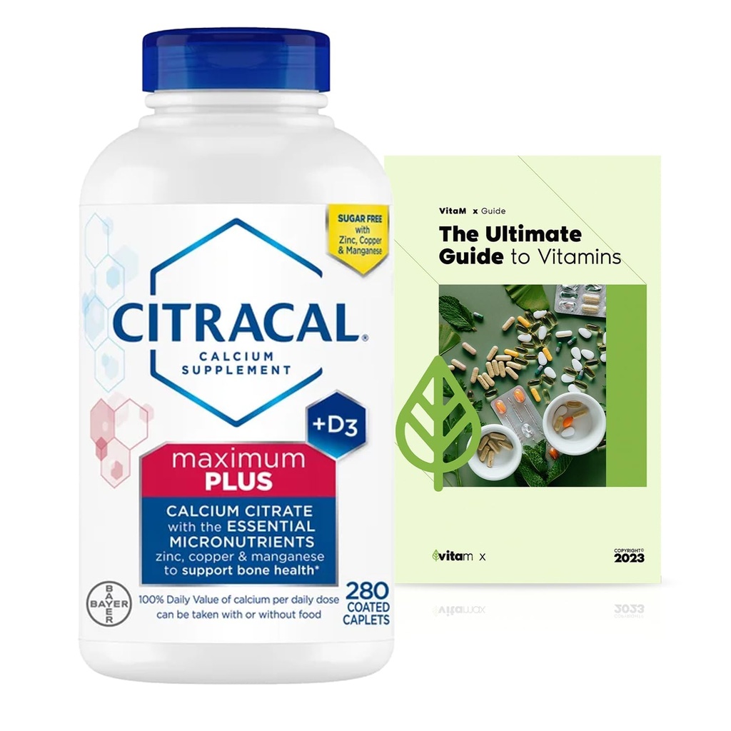 Citra-Cl Maximum Plus, Calcium Citrate + Vitamin D3 Supplement Tablets, 280 ct. Supports Bone Health & Strength - 4+ Month Supply + Exclusive Vitamin Guide