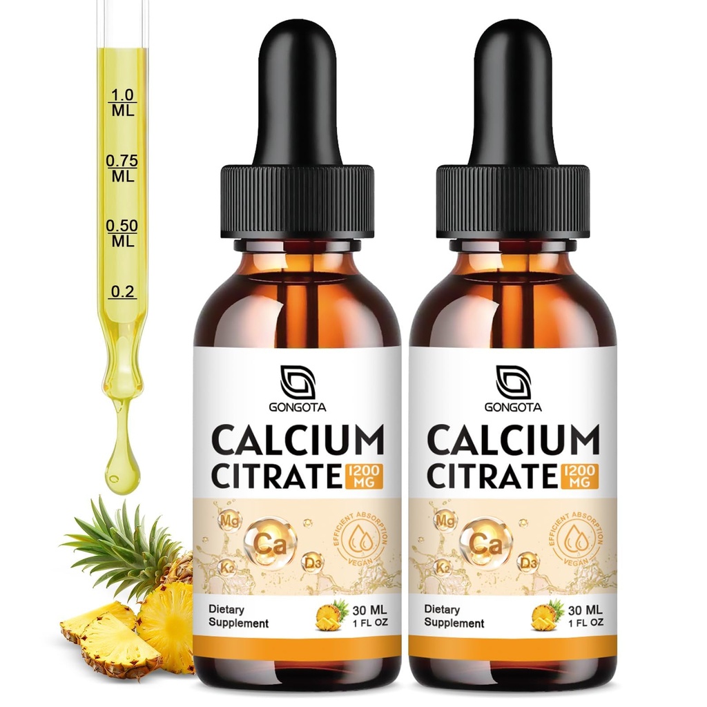 Calcium Citrate Supplement – Calcium Citrate 1200mg with Vitamin D3 Drops | Highly Absorbable | Non-GMO, Gluten-Free | Bones, Teeth & Muscle Support - 1 Fl Oz (2 Pack)