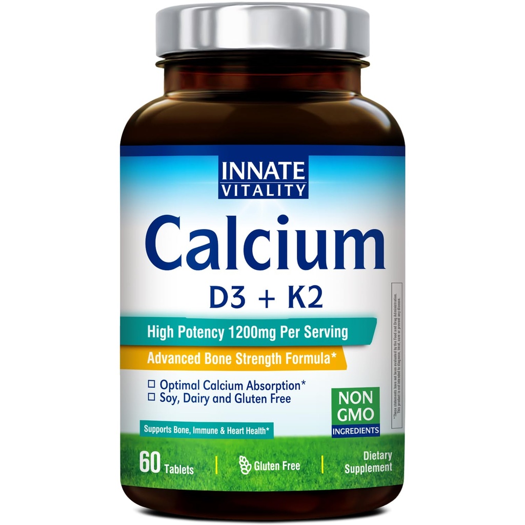 Innate Vitality Calcium Supplement, 1200 mg High Potency with 5000 IU Vitamin D3 & K2 MK7, Enhanced Absorption, for Bone Density, Strength & Immunity, Non-GMO, Easy to Swallow, 60 Tablets