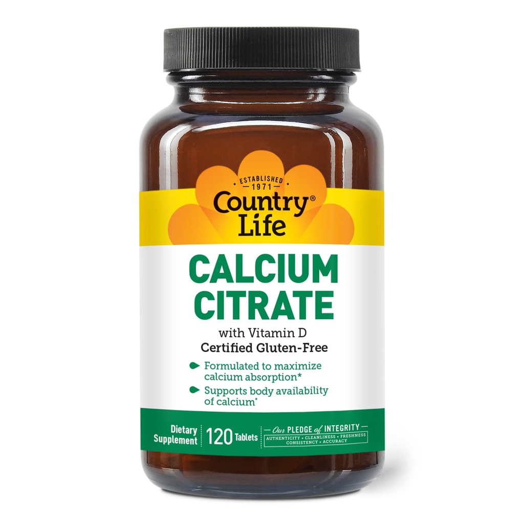 Country Life Calcium Citrate with Vitamin D – 500mg – Highly Absorbable Calcium Supplement – Certified Gluten Free, Vegan, Halal, Non-GMO – 120 Tablets