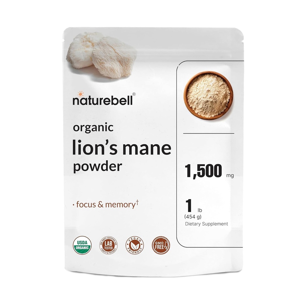 NatureBell Organic Lions Mane Powder 1.500 mg per servering, 1lb Note 124; Hele Fruiting Body & Mycelium Mushroom Kilde - Fokus, hukommelse, og immunforsvar supplement - non-GMO, Vegan
