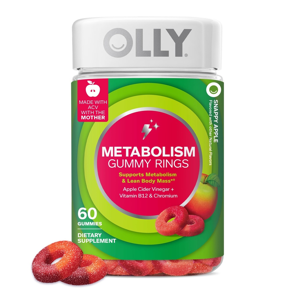 OLLY Metabolisme Gummy Ringe, Metabolisme og Cellulær energi Chewable Supplement, * Æblecider eddike, Vitamin B12, Chrom picolinat, Æblesmag, 60 dages forsyning - 60 Greve