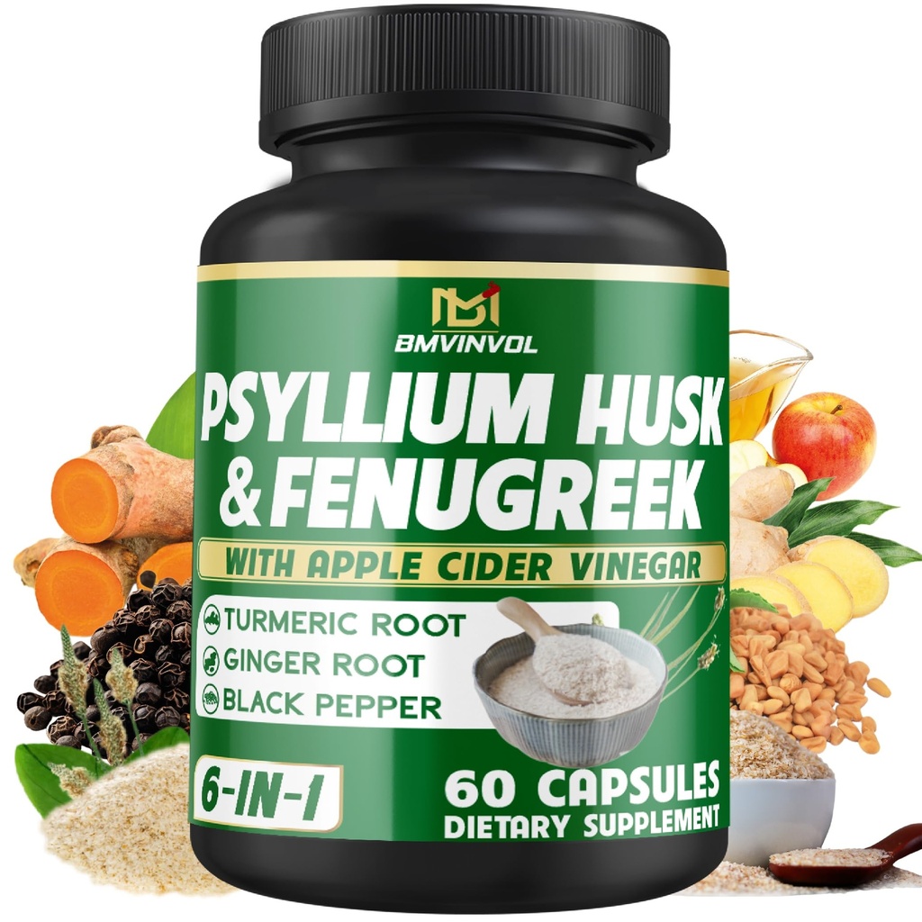 BMVINVOL Psyllium Husk Fiber Supplement t med Fenugreek, Apple Cider Vineddike, gurkemeje, Ingefær, Black Pepper- fordøjelse Health Support - 60 kapsler