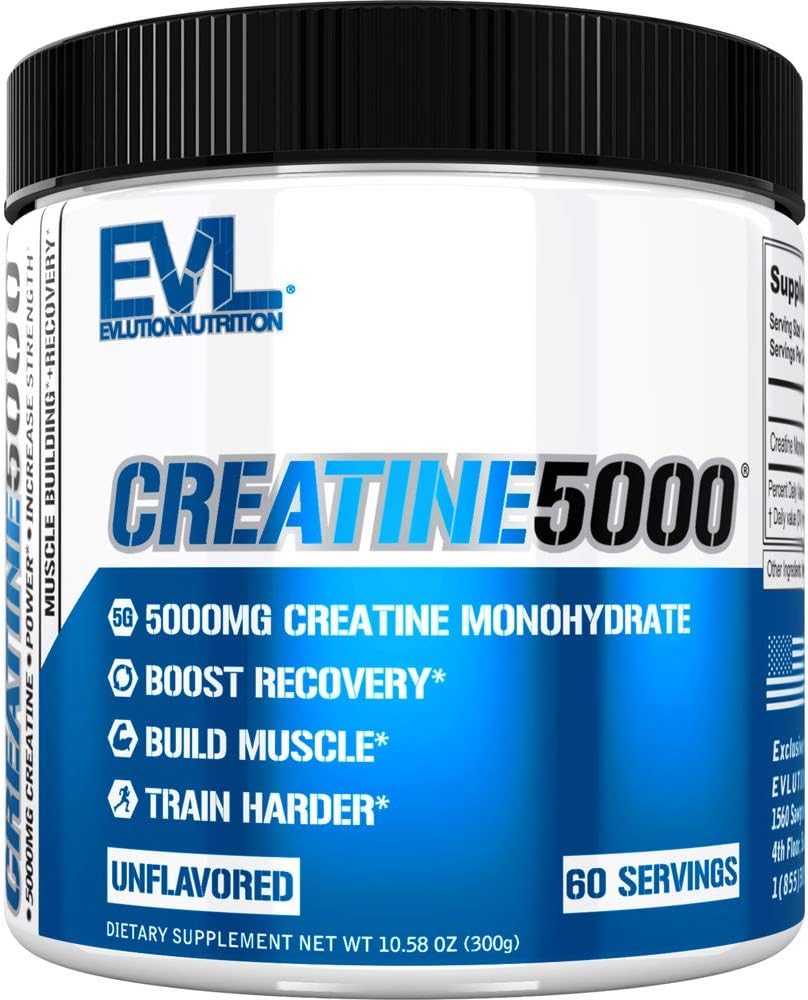 Evolution Nutrition Creatin 5000 - understøtter hurtigere inddrivelse, Lean Muscle Growth & Performance - Pre & Post Workout Powder - 5000mg Pure Creatinine Monohydrat Per Servering - 60 Servering - Unflavored