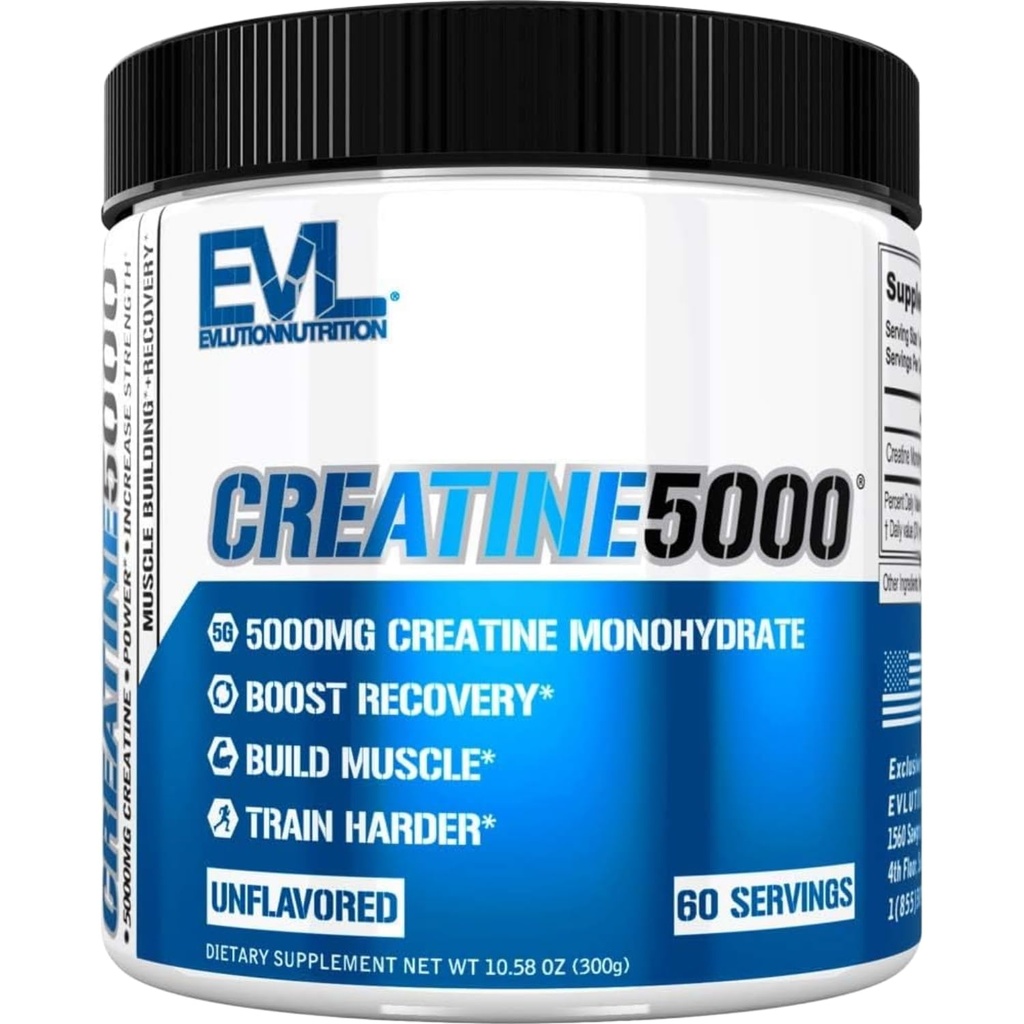 Evolution Nutrition Creatin 5000 - understøtter hurtigere inddrivelse, Lean Muscle Growth & Performance - Pre & Post Workout Powder - 5000mg Pure Creatinine Monohydrat Per Servering - 60 Servering - Unflavored