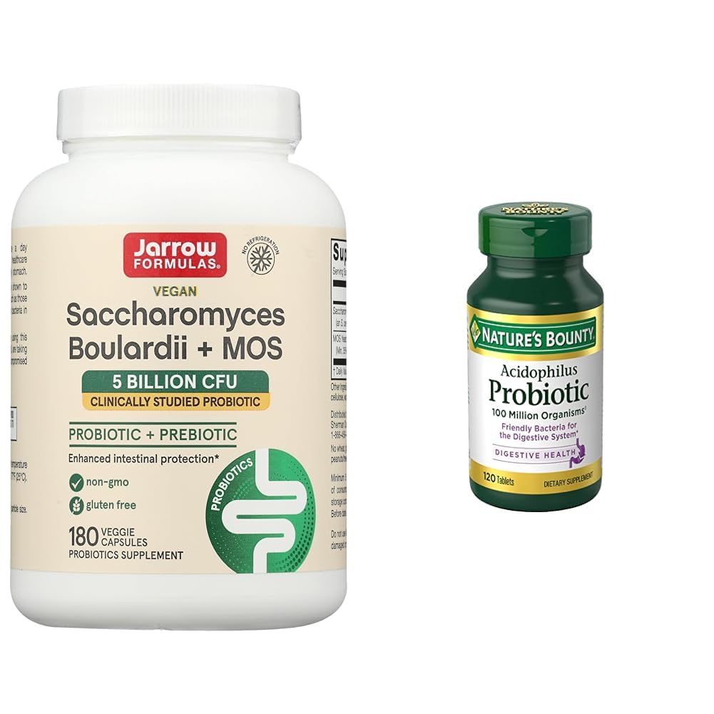 Jarrow Formulas Saccharomyces Boulardii Probiotics + MOS 5 Billion CFU Probiotic Yeast & Nature's Bounty Acidophilus Probiotic, Daily Probiotic Supplement, Supports Digestive Health, 1 Pack