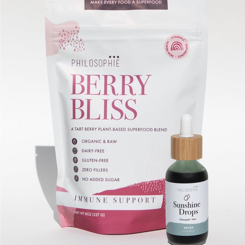 Philosophie Sunshine Drops & Berry Bliss Bundle - Liquid Chlorophyll & Superfood Powder Blend - All Natural Plant- Based 2pack