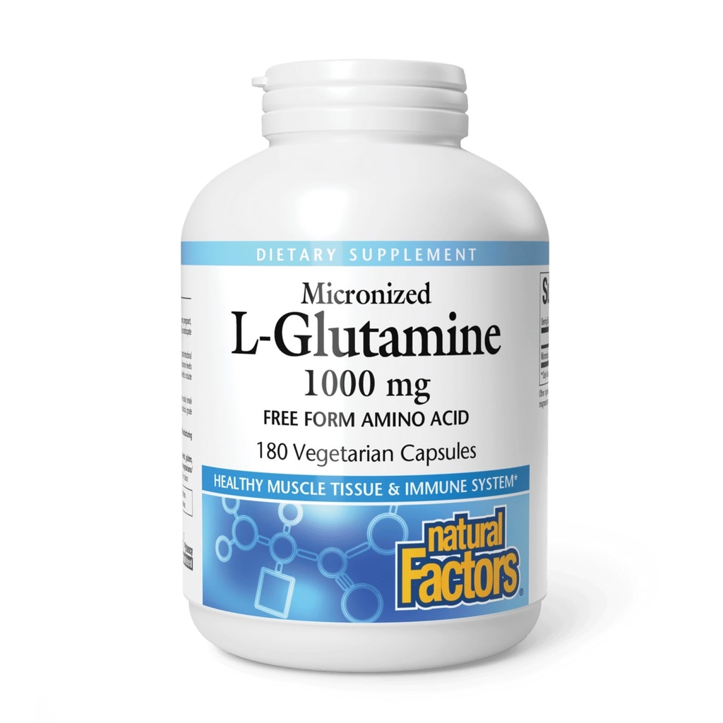 Naturlige faktorer, Mikroniseret L- Glutamin 1000 mg, Understøtter muskler og immunfunktion, 180 kapsler