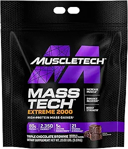 MuscleTech Mass Gainer Protein Powder, Mass- Tech Extreme 2000, Muscle Builder Whey Protein Powder, Protein + Creatin + Carbs, Max- Protein Weight Gainer for kvinder & mænd, Triple Chocolate, 20 lbs