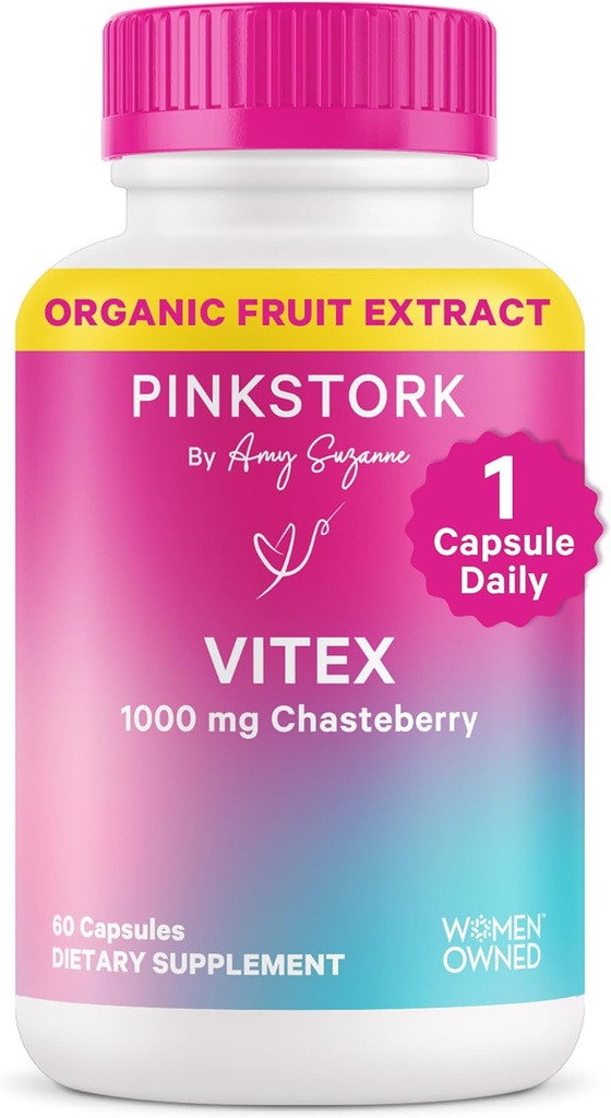 Pink Stork Organic Vitex - 1000 mg Chaste Tree Berry - Plant- baseret støtte til perimenopause & Hormonal Harmony - Hjælper med at holde cyklus regelmæssighed & sund progesteron balance - 60 Veganske kapsler