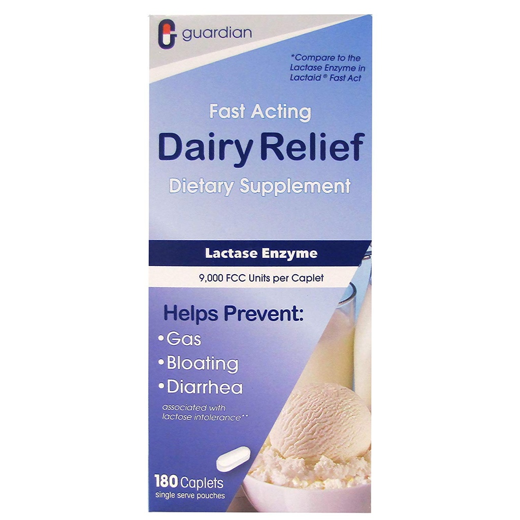 guardian Dairy Relief Fast Acting Lactase, 180 Caplets, 9000 FCC Maximum Strength, Lactose Intolerance Pills, Lactase Enzyme (180 CT)
