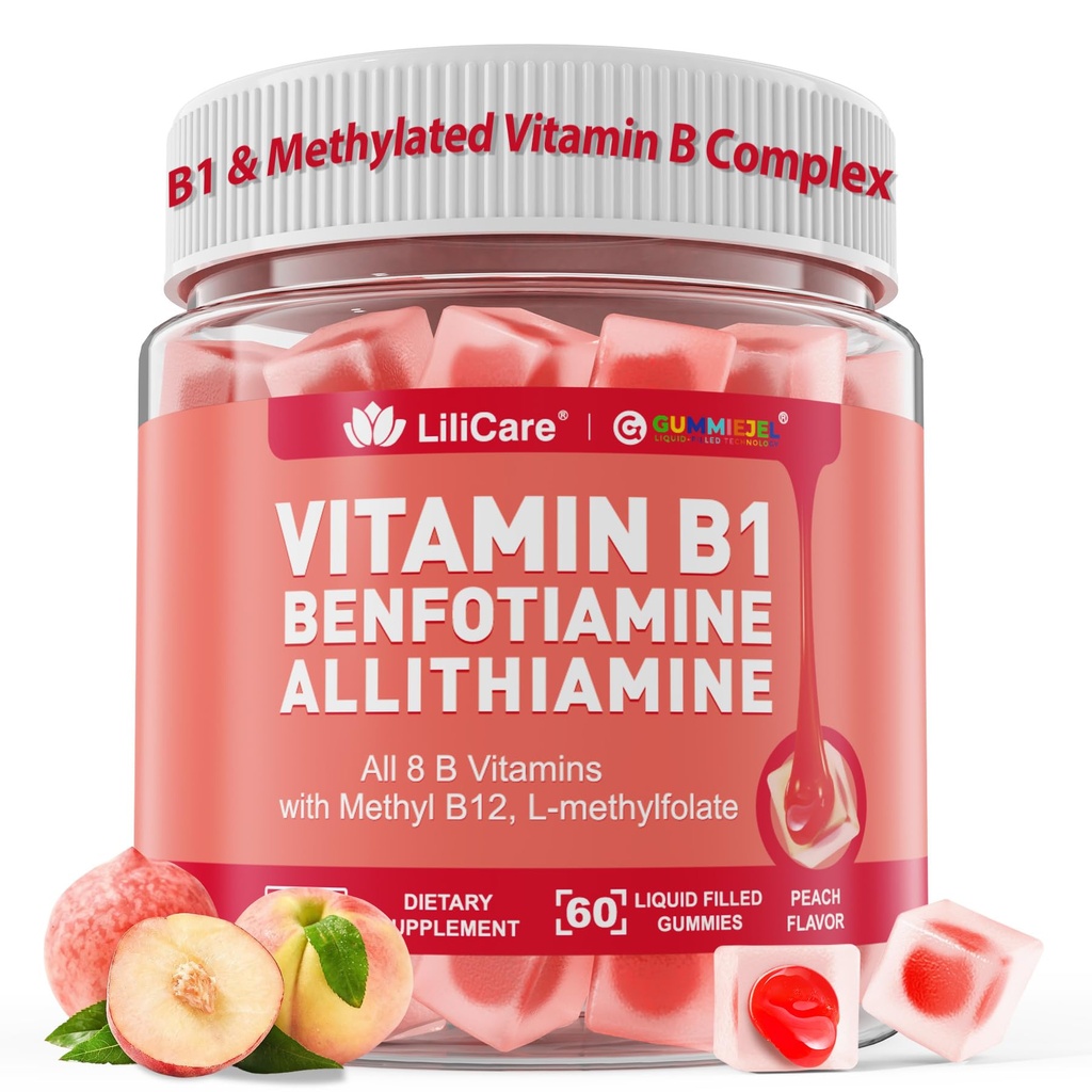 Vitamin B1 & Methyleret vitamin B Complex Gummies - Alle B Vitaminer, Benfotiamin, Thiamin & Inositol, Metyleret B1 B2 B6 Multivitaminer, L- methylfolat, Methyl B12 for Nerve Cognition Energy, 60 Cts