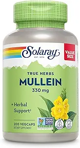 Solaray Mullein Leaf 330 mg - Lindrende Herbal Support - Mullein Kapsler Traditionelt anvendes til at understøtte sundhed og velvære - Vegan, Non- GMO, Lab Verified, 60- Day Garanti, 200 Servere, 200 VegCaps