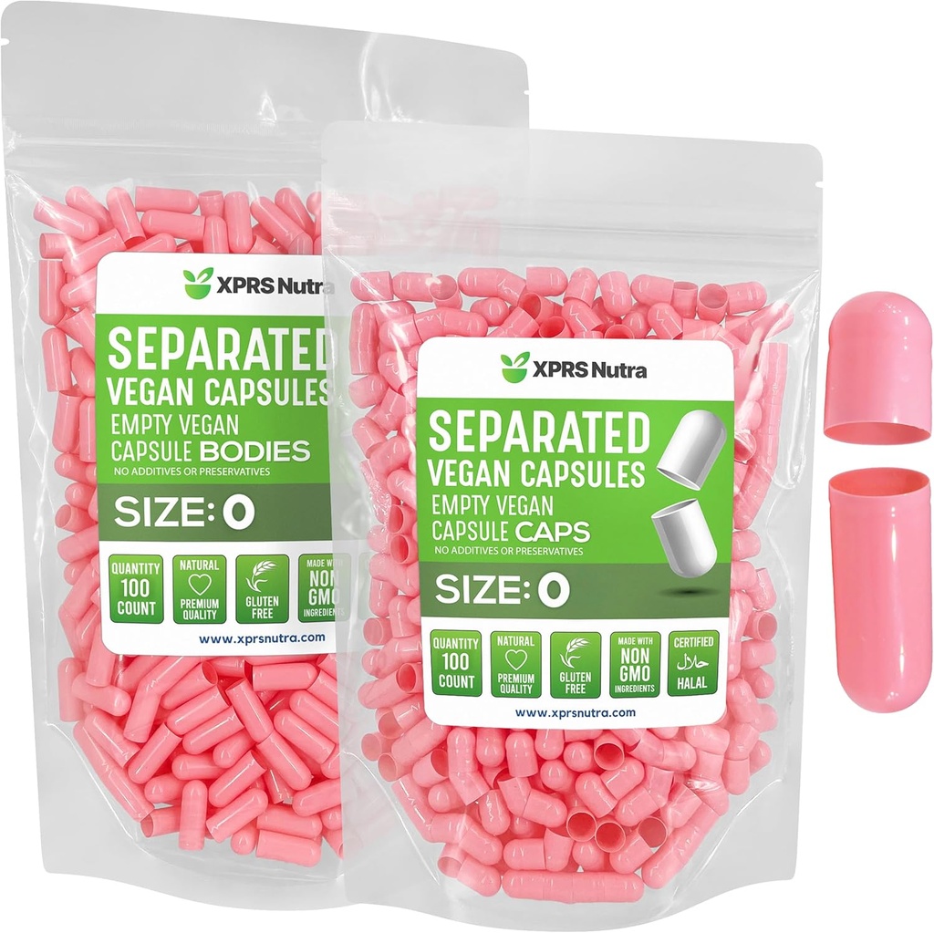 XPRS Nutra Vegan Størrelse 0 Separated Kapsler - 100 Grev Premium Tomme Kapsler Separeret i sække - Piller 0 Tom for DIY Supplement Fyldning (Pink)