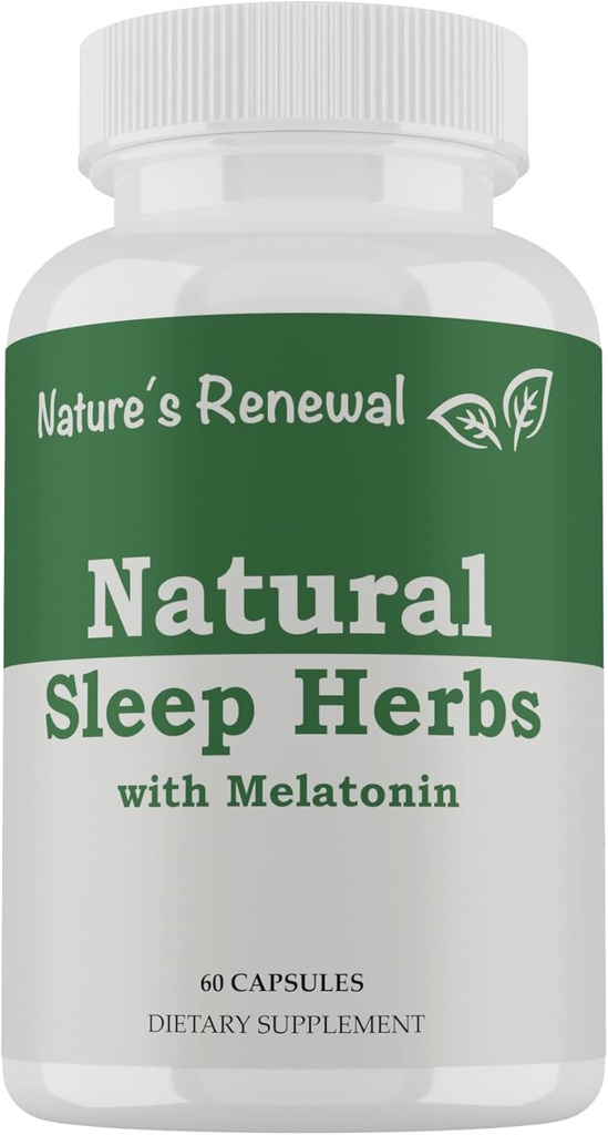 Naturens Fornyelse Natural Sleep Supplement - Melatonin, Valerian Root, Ashwagandha, Magnesium, Kamille, Nighttime Homøopatisk Herbal Sovestøtte til voksne - 60 kapsler