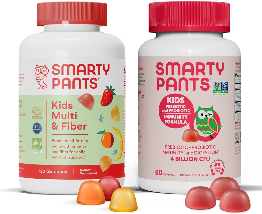 SmartyPants Kids Multivitamin Fiber Supplement Gummies og Probiotiske Immunity Bundle: Omega 3 Fish Oil (EPA / DHA), Vitamin D3, C, Vitamin B12, B6, fordøjelsesmæssige & immunforsvar Support Supplement (30 dages forsyning)