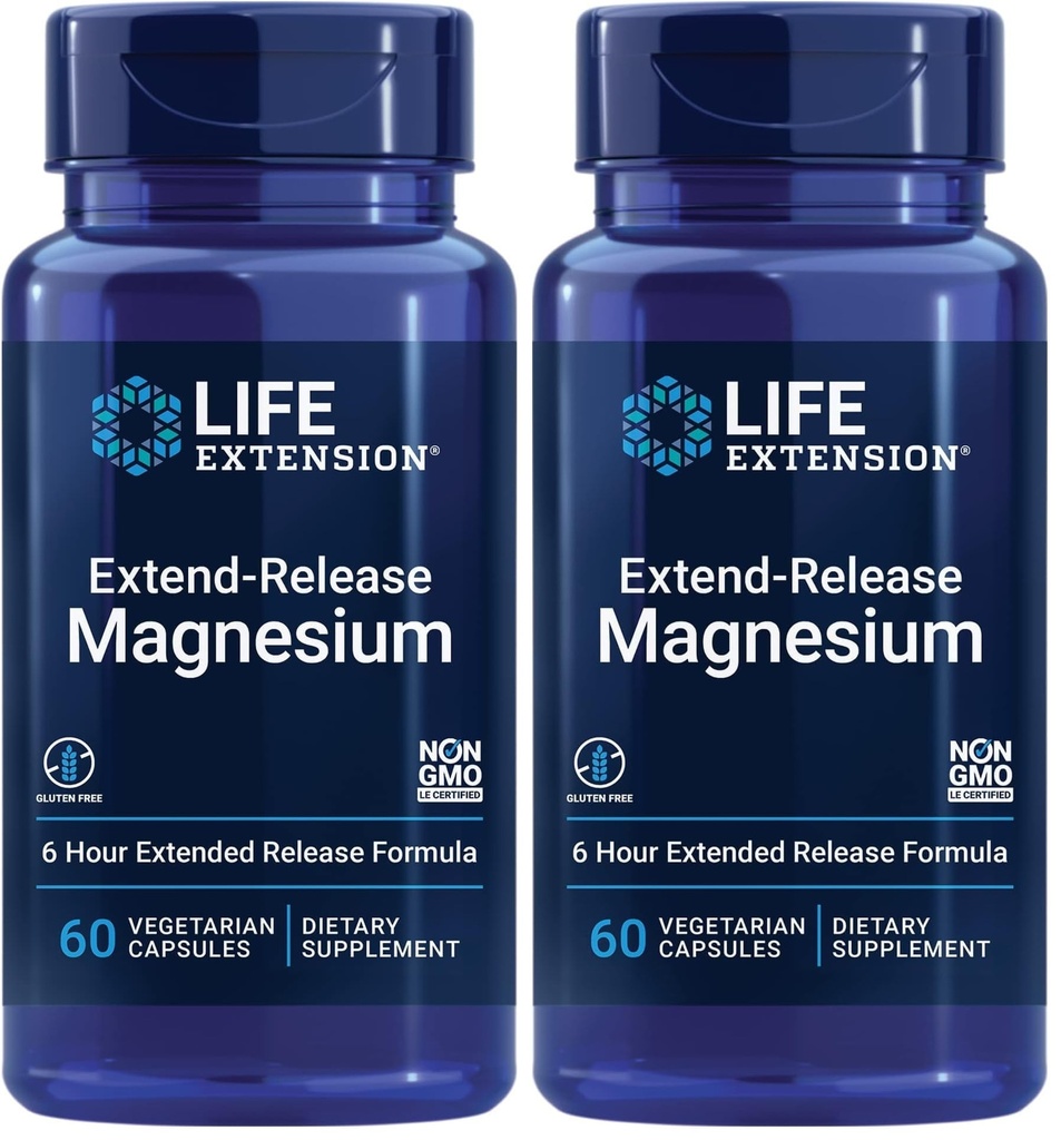 Livs forlængelse Exten- Release Magnesium, forlænget Heart & Bone Health Support, Kardiovaskulær & Blood Pressure Health Support, biotilgængelig formel, Gluten- Free, Non- GMO, Vegetar, 60 Kapsler, (pakke af 2)