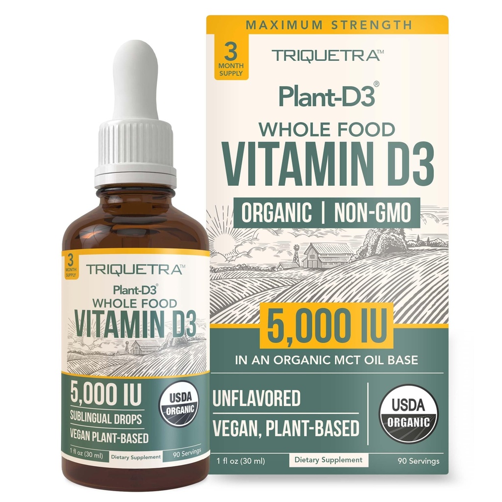 Plant- D3 Organic Vitamin D3 5000 IE - Vegan, Max Strength Sublingual Liquid D3 Drops - 200% højere Absorption - 100% Plant- baseret Cholecalciferol Form - Justerbar dosering for alle aldre (1oz Væske)