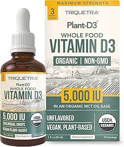 Plant- D3 Organic Vitamin D3 5000 IE - Vegan, Max Strength Sublingual Liquid D3 Drops - 200% højere Absorption - 100% Plant- baseret Cholecalciferol Form - Justerbar dosering for alle aldre (1oz Væske)