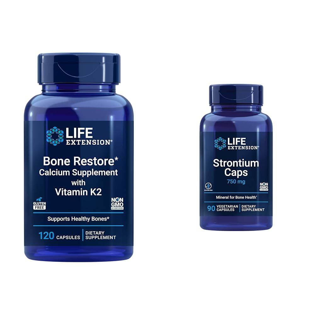 Life Extension Bone Restore + Vitamin K2 Vitamins & Minerals Maintain Bone Health & Strength & Strontium Caps 750 mg - Bone Health Supplement