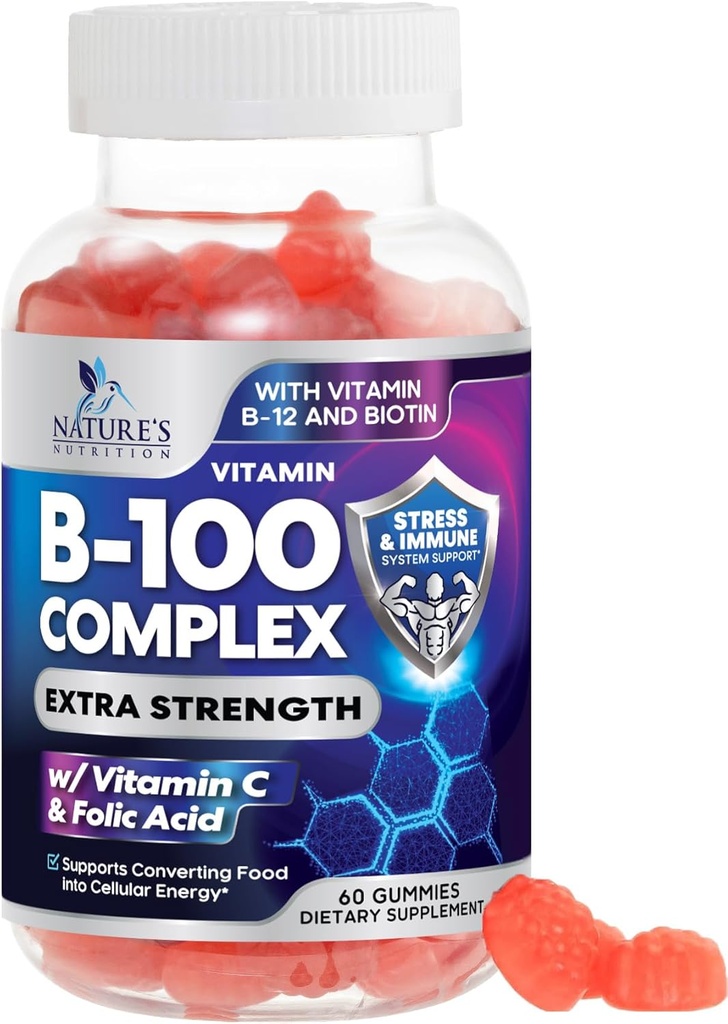 B Complex Supplement Gummies with Vitamin C & Folic Acid, Extra Strength Super Vitamin B Gummy with Niacin, B6, Folic Acid, B12, Biotin, Nature's Energy Immune Support Supplements - 60 Gummies