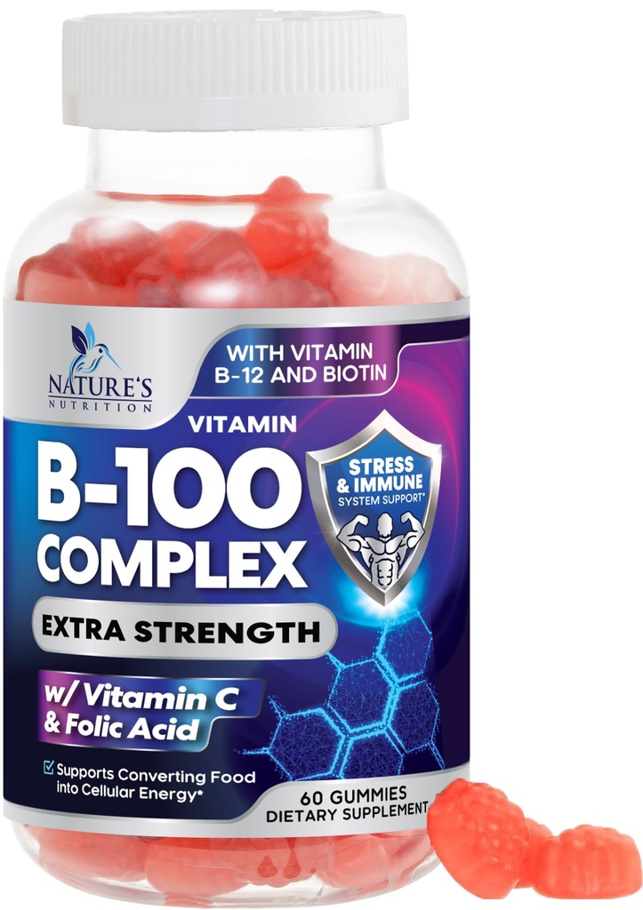 B Kompleks supplement Gummier med C-vitamin & folinsyre, ekstra styrke Super-vitamin B Gummy med Niacin, B6, folsyre, B12, biotin, Nature 's Energy immun Support Kosttilskud - 60 Gummies