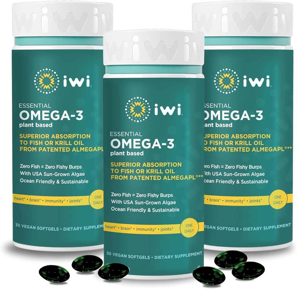 Iwi Omega-3 Essential, 90 Softgels (90 Servere), Plant- baserede Alger Omega 3 med EPA + DHA, Brain, Heart & immunsupport Kosttilskud, Krill & Fish Oil Alternative, Ingen Fishy Eftersmag