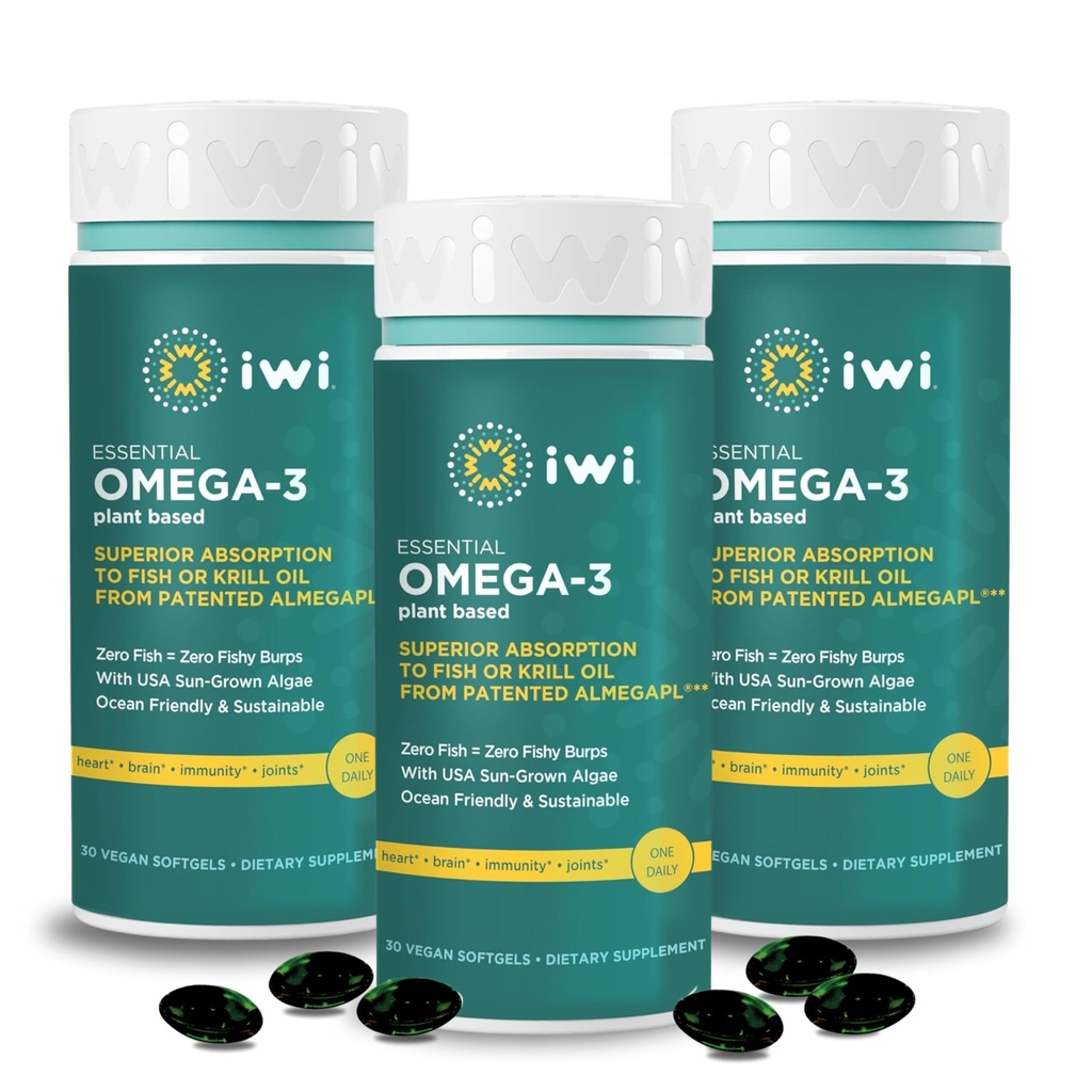 Iwi Omega-3 Essential, 90 Softgels (90 Servere), Plant- baserede Alger Omega 3 med EPA + DHA, Brain, Heart & immunsupport Kosttilskud, Krill & Fish Oil Alternative, Ingen Fishy Eftersmag