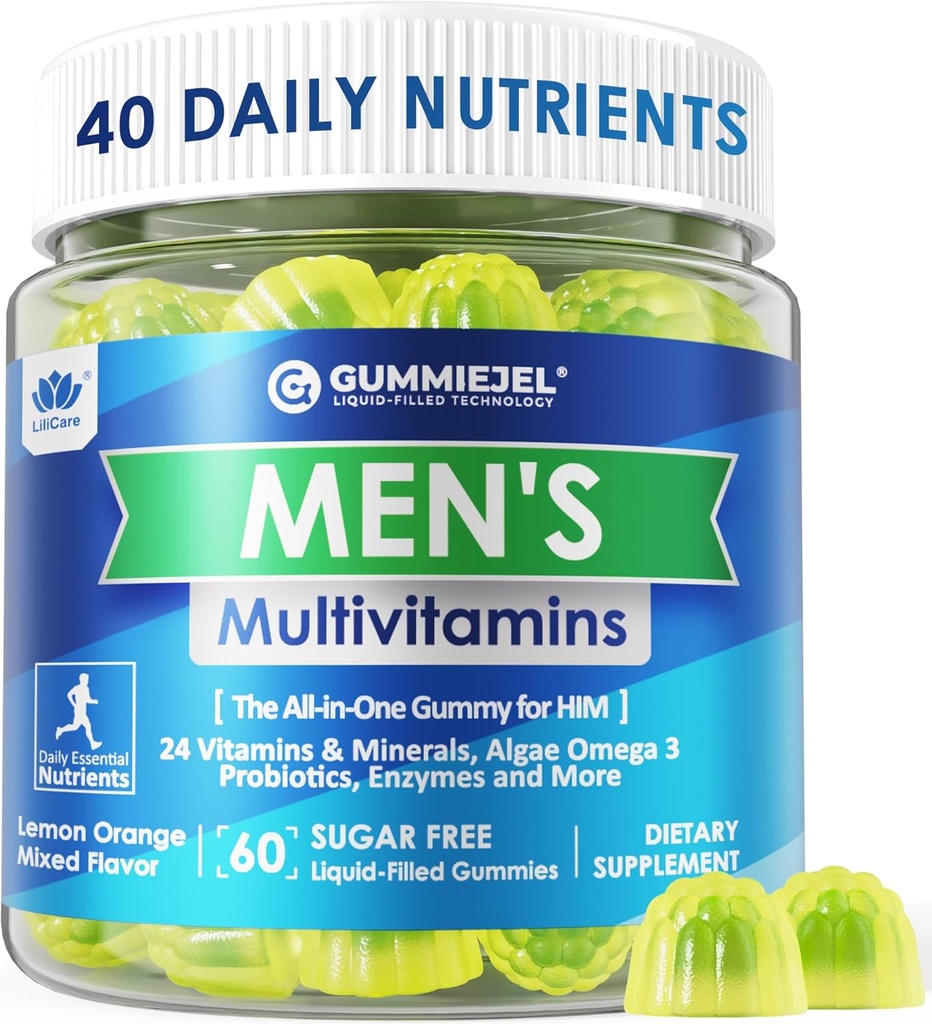 Herre Multivitaminer Gummies, Multimineraler, Vegan Omega 3, CoQ10, Probiotika, Daglige Herre Vitaminer A C D3 E B6 B12, Metyleret Multivitamin for mænd - Energi, Immunitet, Sukker fri, Vegan (Ingen jern) 60 Cts