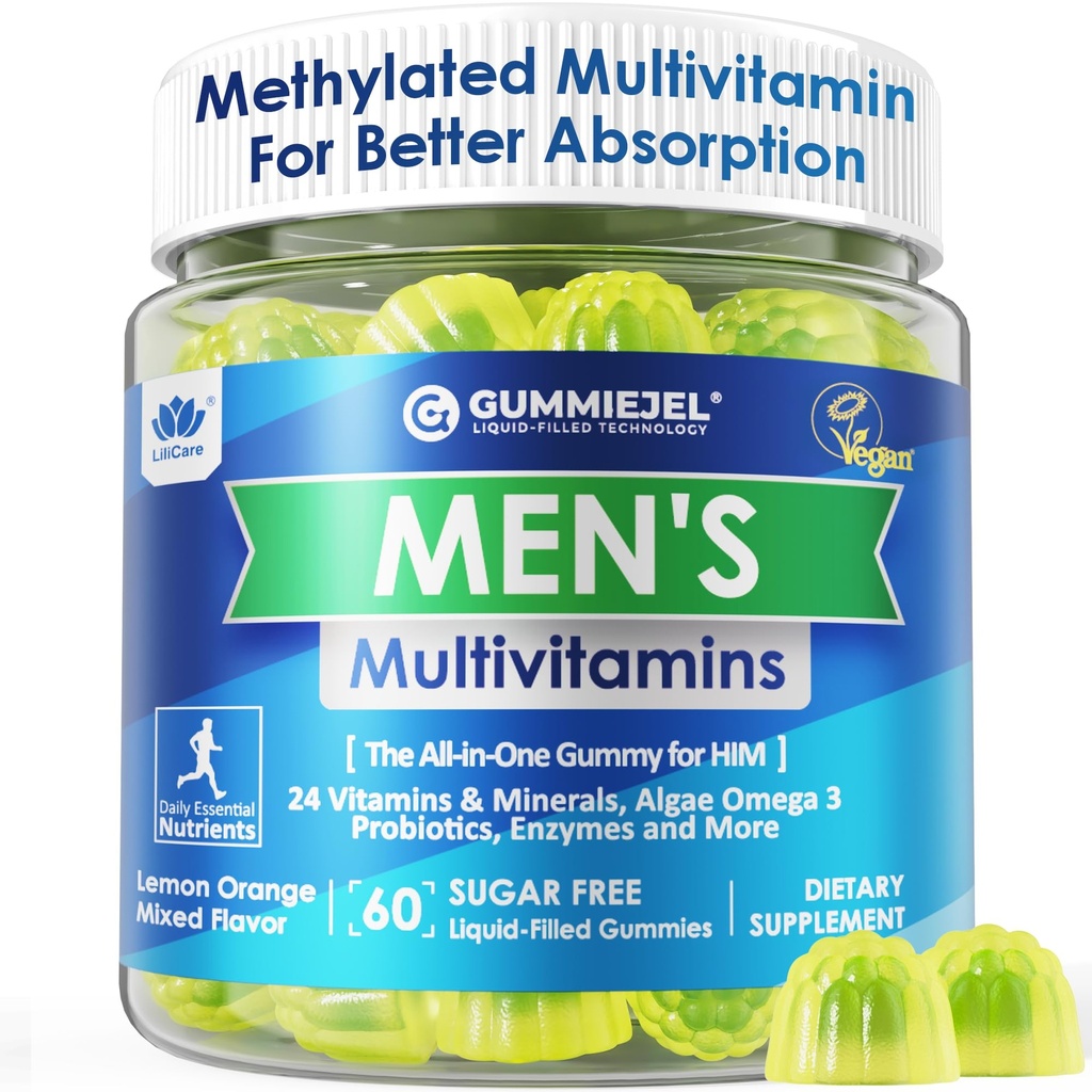 Mænds Multivitaminer Gummies, Metyleret Multivitamin til mænd, B Complex, Minerals, Vegan Omega 3, Probiotic, Enzyme, Antioxidanter til Mænd 's Complete Daily Support, Sugar Free, Vegan (No Iron) 60 Counts