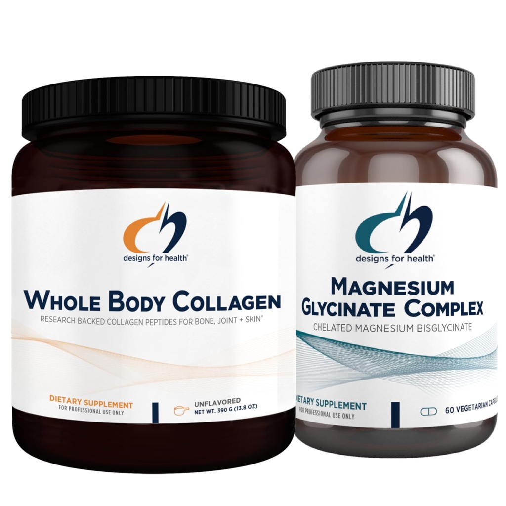Design til sundhed Magnesium Glycinate Complex (60 kapsler) & Hele kroppen Collagen (30 Servere) Bundle - Høj Absorption Magnesium med Premium Collagen pulver til støtte knogler, hud og joints