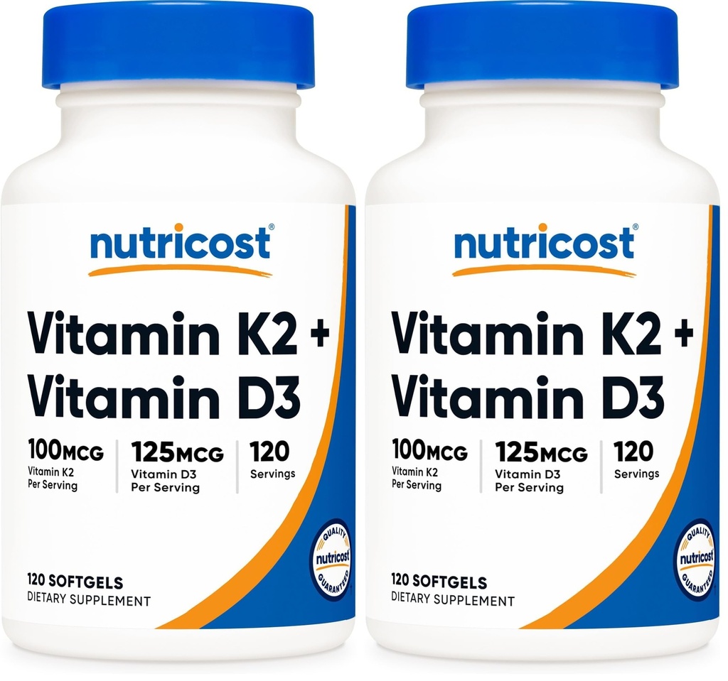 Nutricost Vitamin K2 (MK7) (100mcg) + Vitamin D3 (5000 IU) 120 Softgels - Gluten Free and Non-GMO (Pack of 2)