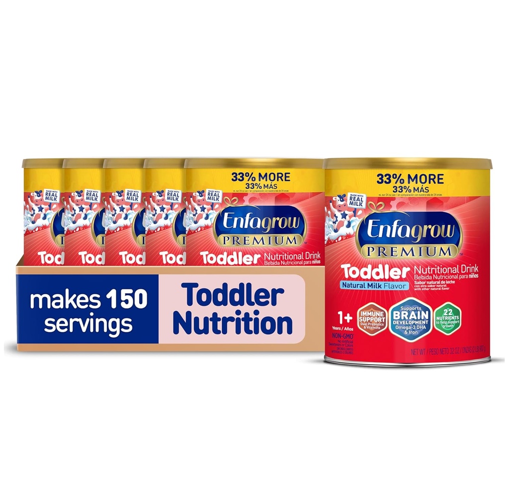 Enfagrow PREMIUM Toddler Nutritional Drink, Made with Real Milk, Brain-Building Omega-3 DHA, Nutrients and Prebiotics for Growth & Immune Support, Non-GMO, Toddler Milk Powder, 32 Oz Can, 6 Count