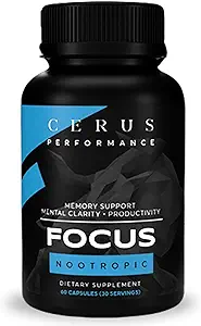 Cerus Performance Focus Nootrop Supplement - Forbedrer mental klarhed, øger hukommelse og kognitiv funktion, forbedrer allerhed - Ideel til atleter og fitness entusiaster - 60 kapsler