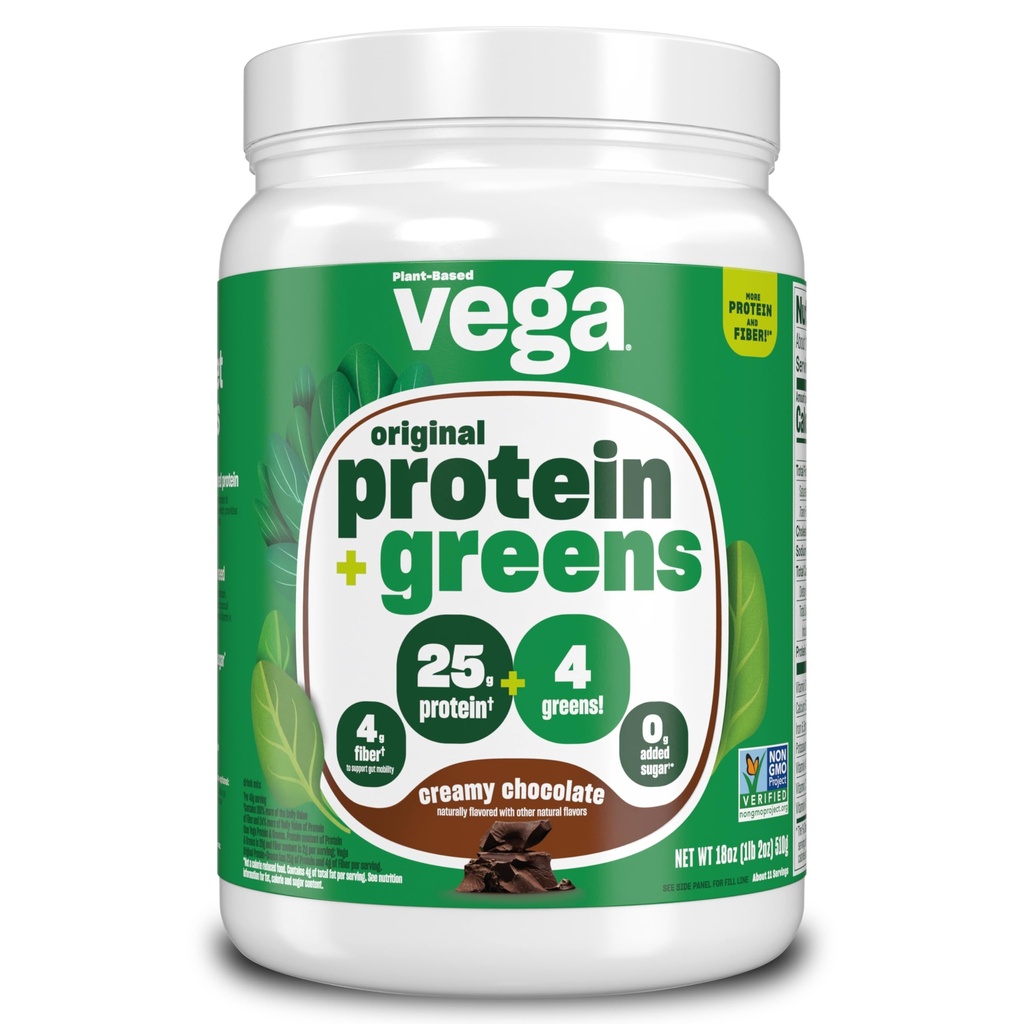 Vega Protein and Greens Protein Powder Creamy Chocolate (11 Servings) 25g Plant Based Protein Plus Veggies, Vegan, Non-GMO, Pea Protein for Women and Men, 1.2lbs