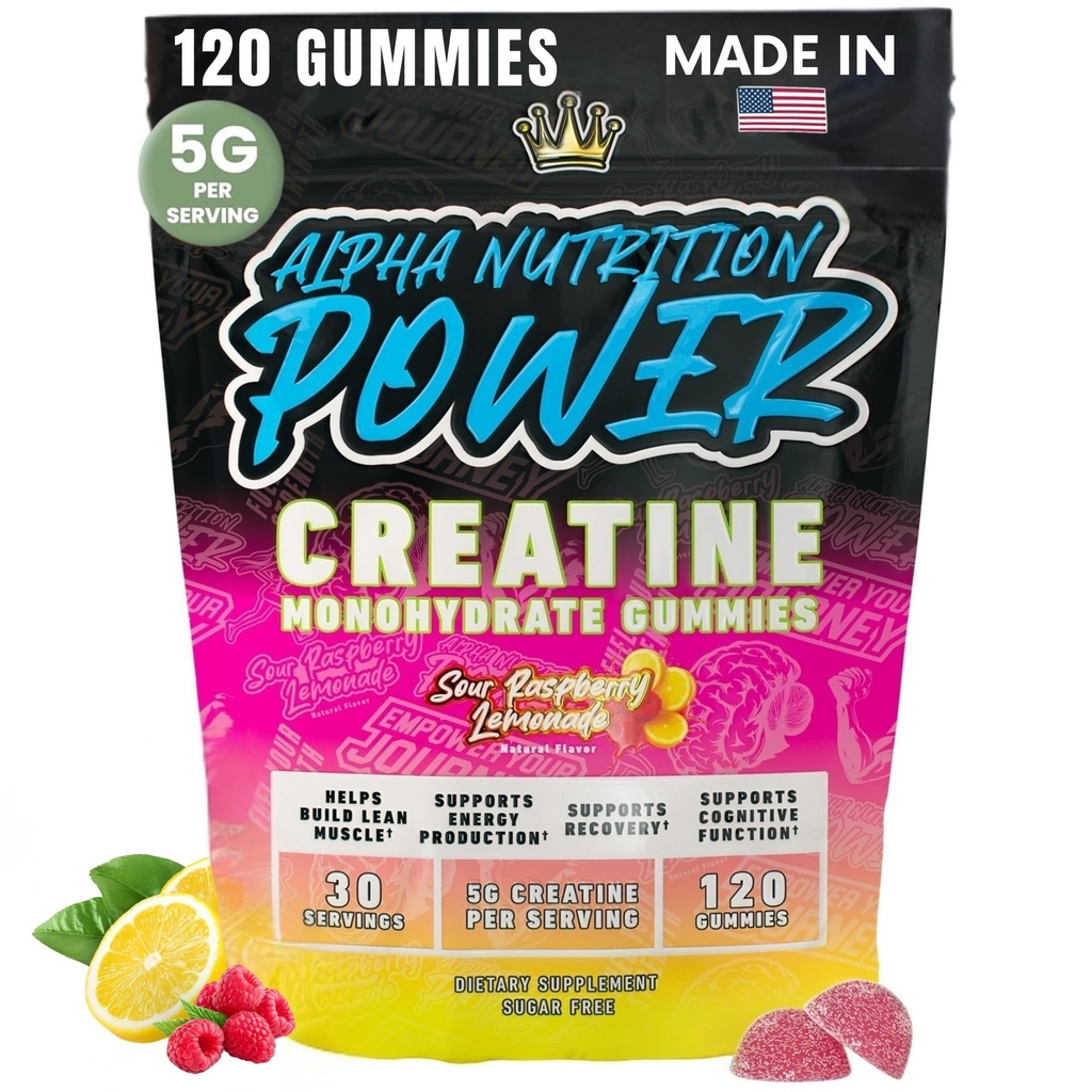 Creatine Monohydrate Gummies 5g - Raspberry Lemonade Flavored Creatine for Women and Men - Supplement for Muscle Gain, Strength, Energy, Cognitive Health, Pre and Post Workout, Recovery, (120 Gummies)