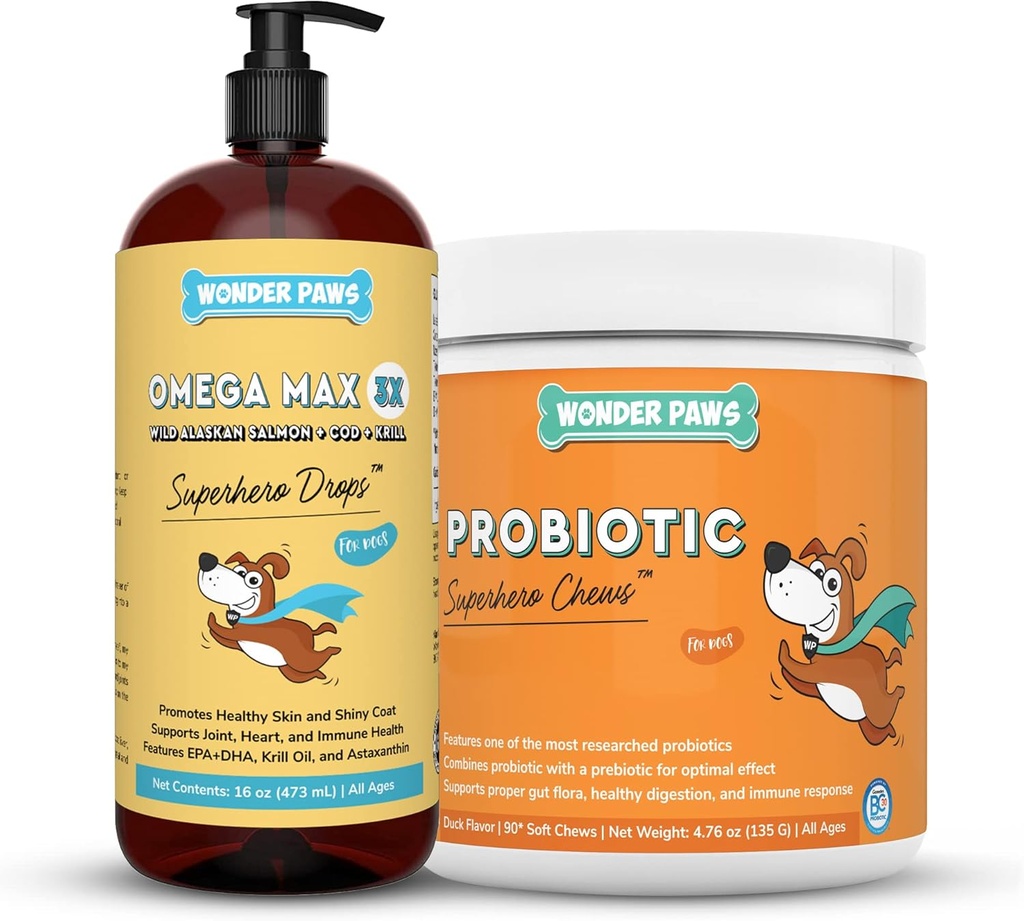 WONDER PAWS Omega Max Fish Oil Plus Probiotiske Chews - for Hund fælles sundhed, Skin Fugt, Gut Sundhed & Daglig Wellness - Omega Max 16 Ounces - Probiotiske 90 Chews