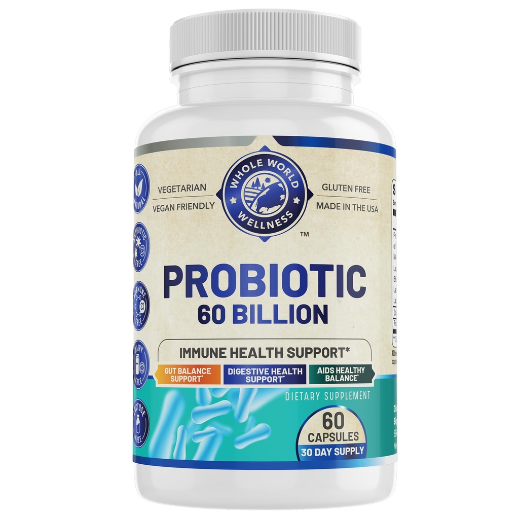 Probiotisk 60 Millioner CFU / g Medical 124; Immunation, fordøjelsesbesvær & Gut Health Support; 124; Understøtter Forstoppelse, Gas & Bloating Medical 124; All Natural, Dairy Free, Soy Free Medical 124; 60 Kapsler Medical 124; Lavet i USA.