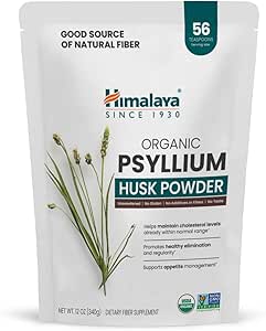 Himalaya Organic Psyllium Husk Powder, Daglig kostfibre supplement, regelmæssighed, Appetite Management, USDA Certified Organic, Non- GMO, Ingen kunstige farver, Unflavored, 56- Teaspon Supply, 12 Oz
