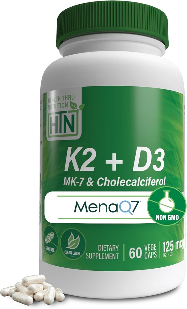 Health Thru Nutrition K2 + D3 Complex gmo 124; K2 100mcg som MenaQ7 Menaquinone 7 MK7 & D3 1.000iu gmo 124; 3. parti testet 124; Non- GMO (pakke med 60)